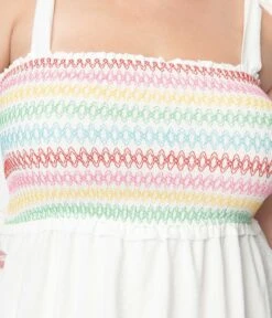 White & Rainbow Stitch Bodice Tiered Maxi Dress -Pleaser Clothing Store white rainbow stitch bodice tiered maxi dress 379444