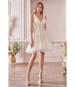 Cinderella Divine White Rhinestone & Feather Hem Bridal Mini Dress