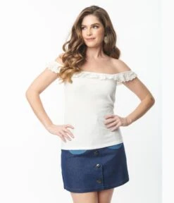 White Ribbed Knit Lace Trim Top -Pleaser Clothing Store white ribbed knit lace trim top 823277