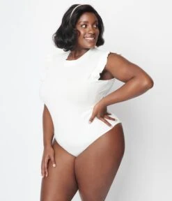 White Ruffle Shoulder Bodysuit -Pleaser Clothing Store white ruffle shoulder bodysuit 452236
