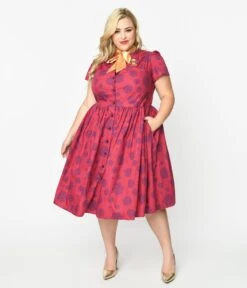Willy Wonka X Unique Vintage Plus Size Berry Swirls & Gold Bow Swing Dress