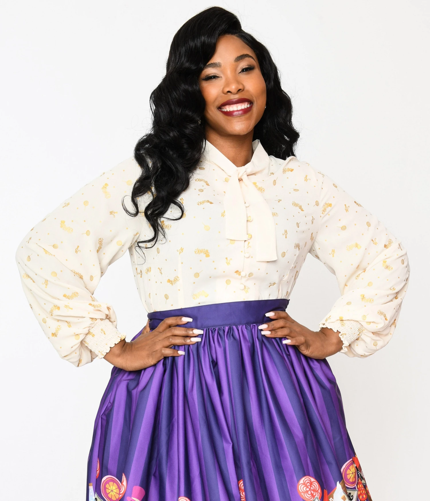 Willy Wonka X Unique Vintage Plus Size Cream & Gold Neck Tie Blouse Glitter Wonka Print 1 Willy Wonka X Unique Vintage Plus Size Cream & Gold Neck Tie Blouse Glitter Wonka Print