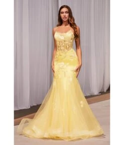 Cinderella Divine Yellow Floral & Beaded Corset Mermaid Gown