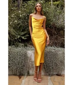 Cinderella Divine Yellow Satin Slip Homecoming Midi Dress