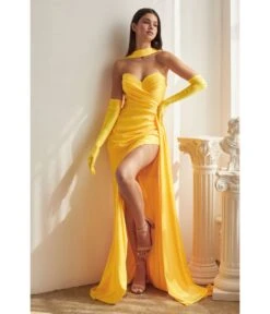 Cinderella Divine Yellow Satin Strapless Halter Prom Gown With Gloves